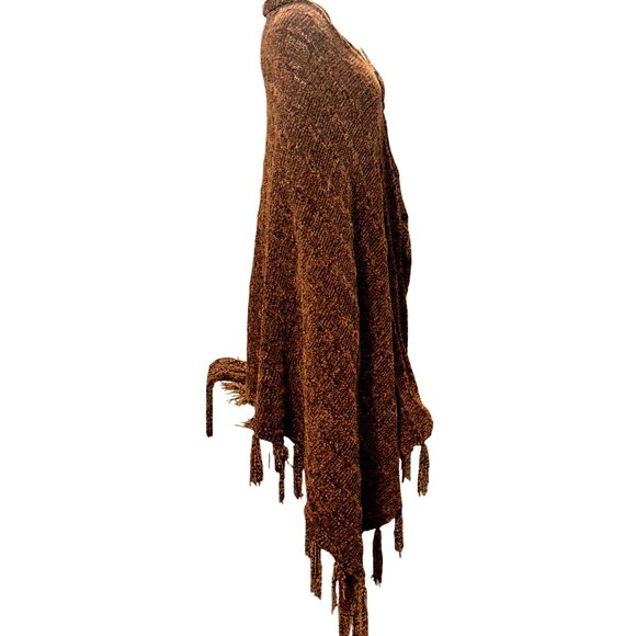 CCC Handmade Brown Knitted Shawl Wrap Fringe Edges One Size Casual Winter Nights - Picture 4 of 6